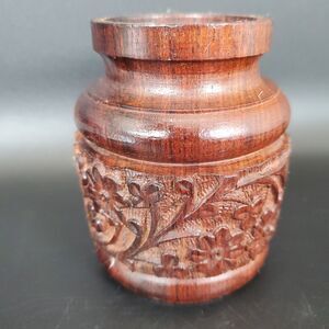 Hand Carved Wooden Vessel Floral Turned Jar Vintage Folk Art 4.25”